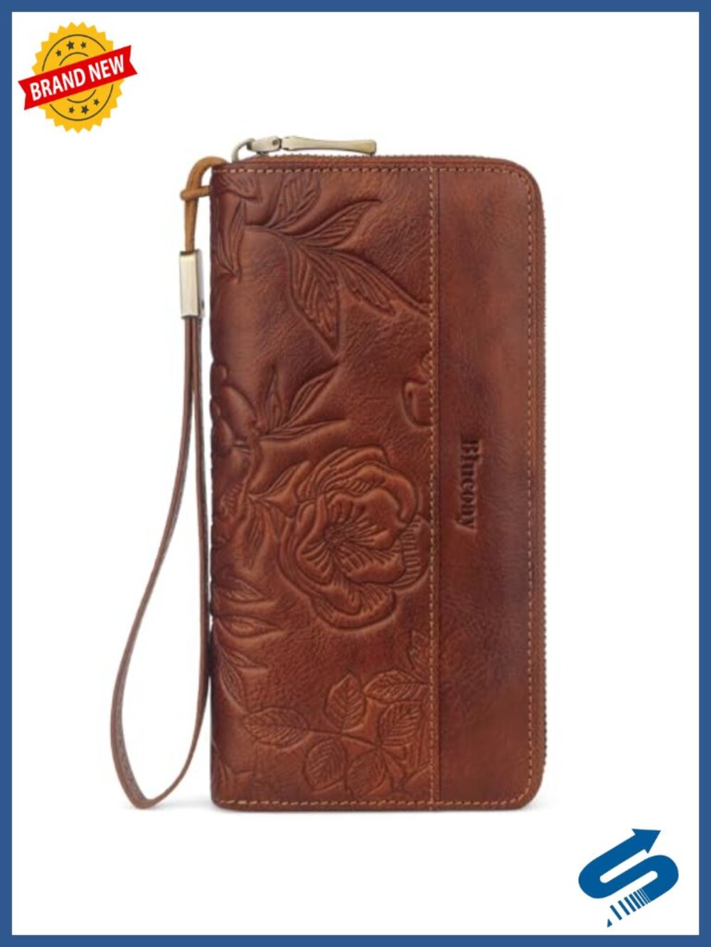 Real Leather RFID Blocking Long Wallet with Wristlet Embossed Flowers